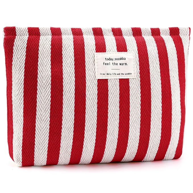 ZLFSRQ Striped Makeup Bag Large Canvas Travel Makeup Bag for Women Cosmetic Pouch Cute Red Striped Make Up Pouch for Purse Y2k Aesthetic Trendy Zippered Toiletry Bags Gift Skincare Storage Organizer