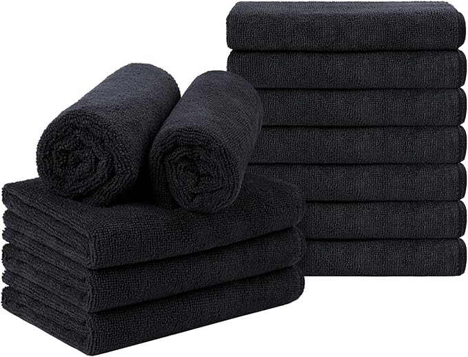 Orighty Black Salon Towel, Pack of 12 (Not Bleach Proof, 16 x 29 Inches) Super Soft and Absorbent Microfiber Hair Salon Towels for Salon, Hand, Gym, Bath, Spa and Home Hair Care