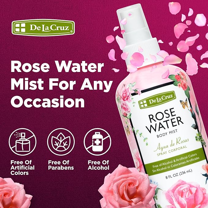 De La Cruz Rose Water Spray, No Parabens or Artificial Colors, Vegan, Made in USA 8 FL. OZ. (6 Bottles)