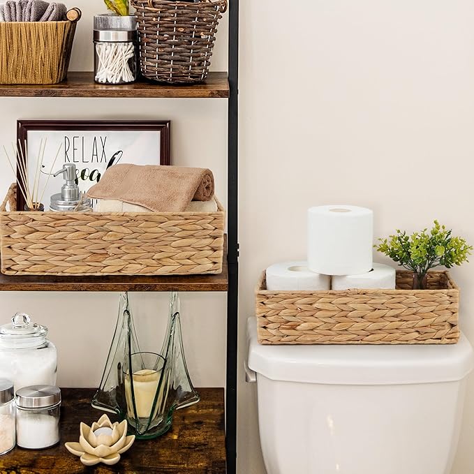 LotFancy Bathroom Basket, 2 Pack Water Hyacinth Toilet Paper Basket, Hand Woven Back of Toilet Organizer for Toilet Tank Top Countertop, Wicker Baskets for Shelves