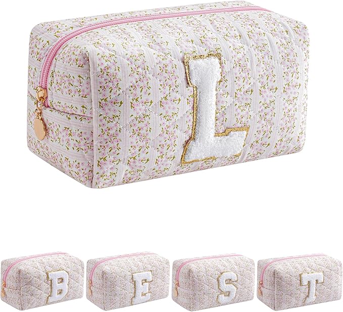 JOVAKIT Alphabet Makeup Bag Cosmetic Bag for Women, Christmas Gifts for Girls Age 6-18, Floral Flowers Coquette Travel Toiletry Zipper Make Up Pouch Organizer Trendy Stuff (Pink Floral L)