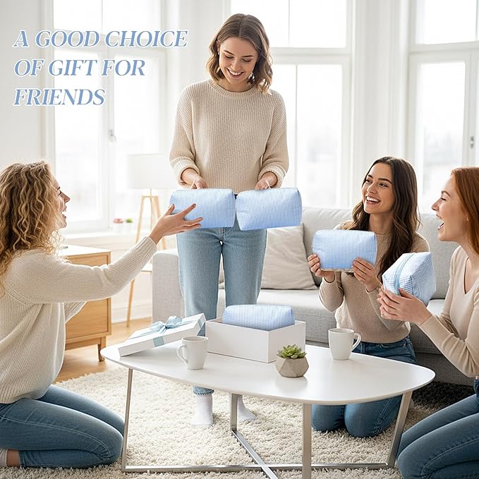 Sanwuta 12 Pcs Seersucker Cosmetic Bags Bulk Seersucker Makeup Bags Stripe Women Pouch Large Preppy Storage Pouch Toiletry Travel Organizer for Wedding Bridesmaid Bride Favor Mom Gift (Light Blue)