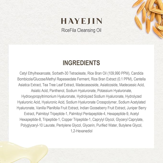 HAYEJIN RiceFila Cleansing Oil - Korean Oil Cleanser for Face with Centella Asiatica, 8 Hyaluronic Acids & 6 Peptides - Vegan & Hypoallergenic Makeup Remover 6.76 fl oz