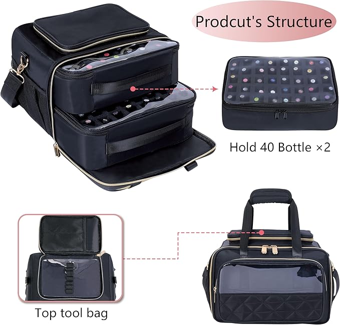 Nail Polish Organizer Holds 80 Bottles, with Two Removable Case, Portable Travel Nail Kit Storage Bag for Manicurist, Nail Art Enthusiasts,Black