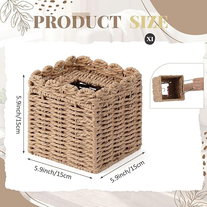 Chengu Scallop Tissue Box Cover, 5.9 Inch Paper Rope Rattan Square Boho Decorative, Woven Facial Tissue Holder, Creative Desktop Storage Ornament for Living Room, Bathroom, Toilet and Study
