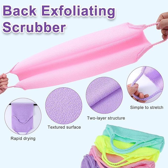 4Pcs Exfoliating Back Scrub, 4 Colores Extended Length Body Scrubber Cloth Towel for Shower Nylon Stretchable Bath Pull Strap for Body Cleans Skin Massages