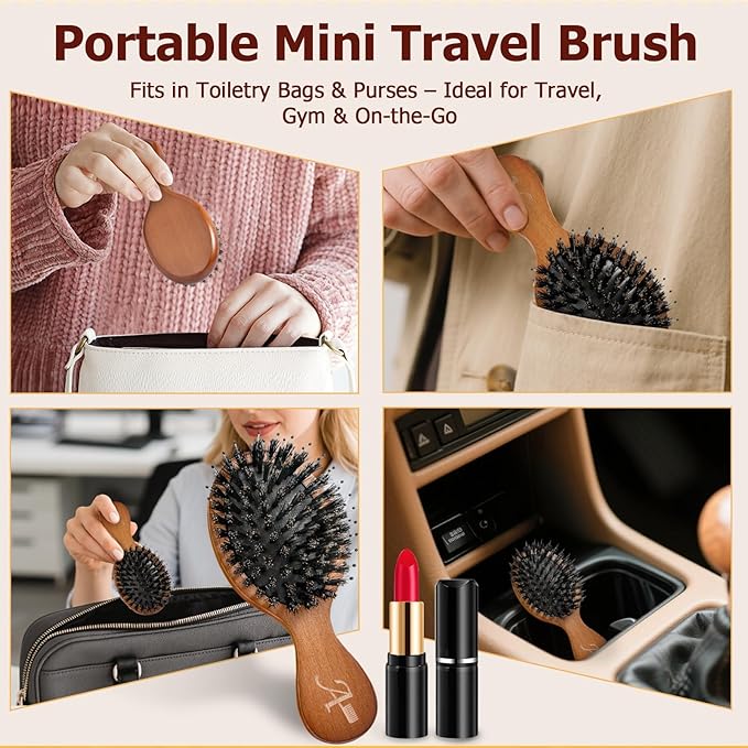 Travel Hair Brush, Mini Boar Bristle Hair Brush for Women Gift- Small Portable Compact HairBrush for Girls Kids Women Gift, Travel Size for Purse, Vacation, Business Trips & Outings Mini Round x1 Wood