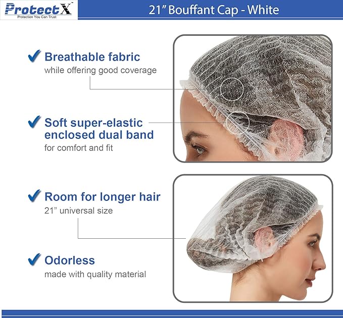 ProtectX 500-Pack White Disposable Hair Nets, Elastic Head Cover, Bouffant Caps, Sanitation Head Cover for Food Service, Spa Men & Women - 21 inch