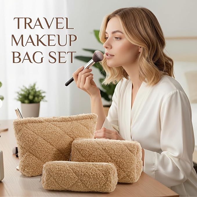 Paterr 3 Pcs Quilted Makeup Bag Set Small Bridesmaid Cosmetic Bag Aesthetic Travel Toiletry Pouch Cute Purse Pencil Case Makeup Storage Organizer for Women Birthday Gifts(Fuzzy,Khaki)