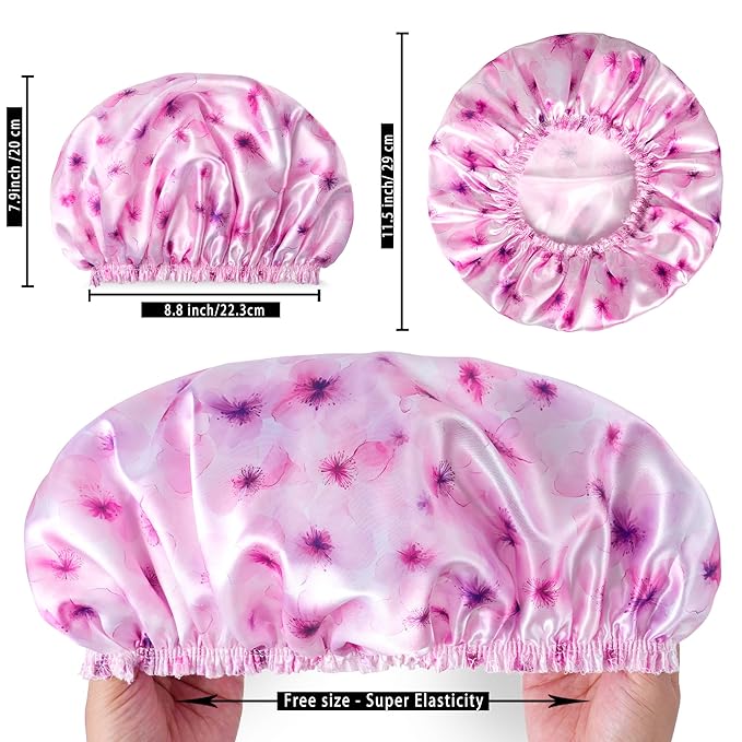 4 PCS Shower Caps for Women, Printing Bath Caps, Double Layers Shower Cap Reusable Waterproof, Bathing Shower Caps, Environmental Protection Hair Bath Hat - Flower B