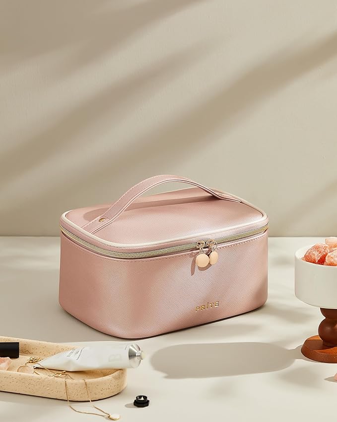 Prite Makeup Bag, Large Capacity Portable Travel Cosmetic Bag, Waterproof Makeup Organizer for Women with Handle and Divider (002 Pearl Pink)