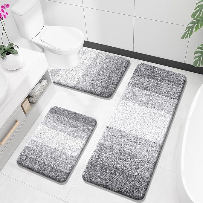 OLANLY Bathroom Rugs Sets 3 Piece, Soft Absorbent Microfiber Bath Mats and U-Shaped Contour Toilet Rug, Plush Shaggy Bath Mat Set for Bathroom (47"x20"+24"x16"+24"x20", Light Grey)