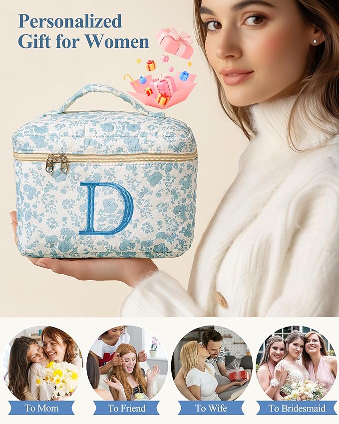 HBselect Initial Quilted Makeup Bag, Cotton Large Travel Makeup Bag, Cute Floral Coquette Make up Bag Cosmetic Bag Toiletry Bag for Women Girls D