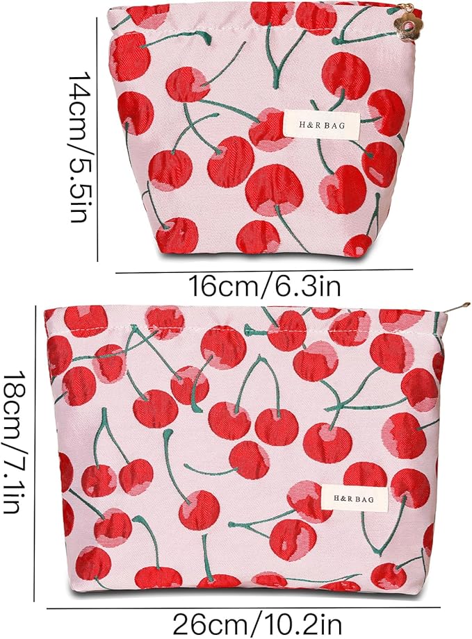 2 PCS Makeup Bag Small Cute Makeup Pouch Floral Cosmetic Bag for Women，Soft Toiletry Bag Pouch for Purse，Embroidery Craft Makeup Bag with Zipper（Cherry）