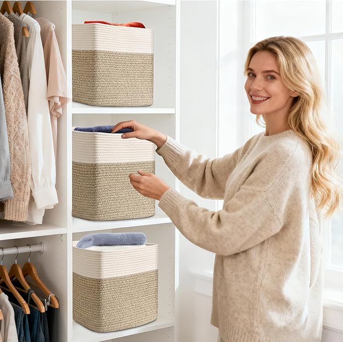 3 Pack Cube Storage Bin, 17”x12”x12” Cotton Rope Woven Baskets for Organizing Toys Clothes Towels, Square Gift Storage Baskets for Shelf, Nursery, Closet, Bathroom, Pantry (White & Jute)