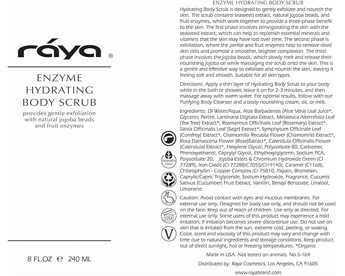 RAYA Enzyme Hydrating Body Scrub 16 oz Pineapple Scent (S-104) | Gentle and Exfoliating Body Scrub | Made with Seaweed, Jojoba Beads, and Fruit Enzymes