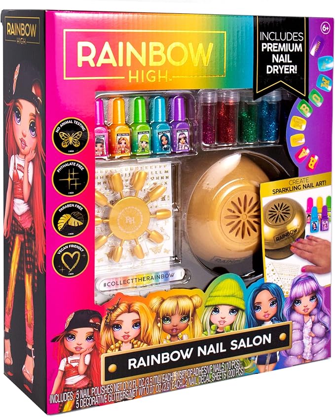 Rainbow High Rainbow Nail Salon by Horizon Group USA, Includes 5 Nail Polishes, Nail Stickers, Stick-On Nails, Glitter & Nail Dryer, Nail Art Kit for Girls Ages 7-12