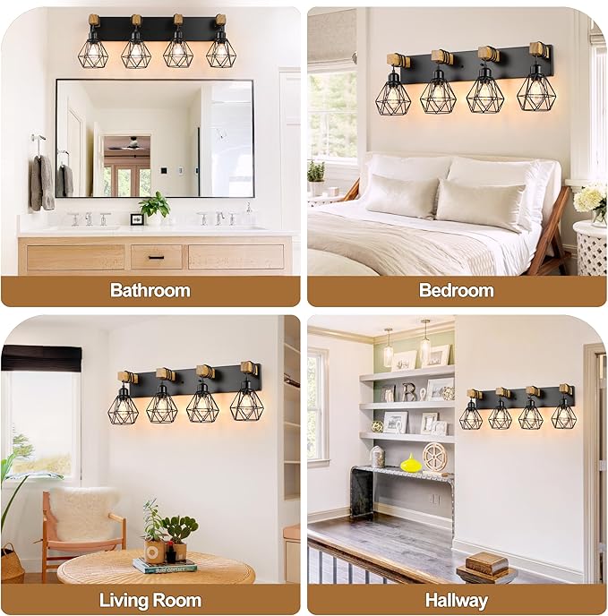 4-Light Farmhouse Bathroom Vanity Light Fixtures, Wood Bathroom Light Fixtures Over Mirror, Rustic Sconces Wall Lighting with Elegant Metal Lampshade for Living Room, Bedroom, Hallway