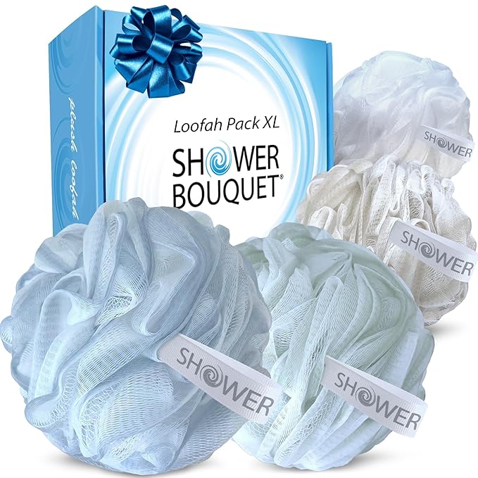 SHOWER BOUQUET Loofah-Bath-Sponge XL Soft-Pastel-Colors 4-Pack // Extra-Large 75g Mesh Luffa Loofa Loufa Puff Pouf Set/Exfoliating Body Scrubber for Women and Men - Exfoliate & Soothe Face & Body