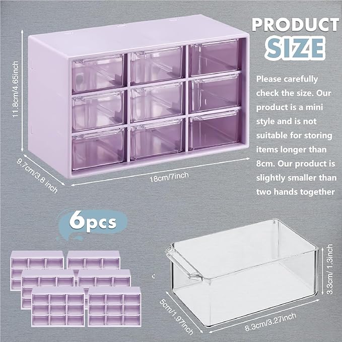 Amyhill 6 Pcs Mini Drawer Organizer Small Organizer with 9 Drawers Plastic Desktop Craft Storage Box for Office Home Room Jewelry Cosmetics Collection(Purple)