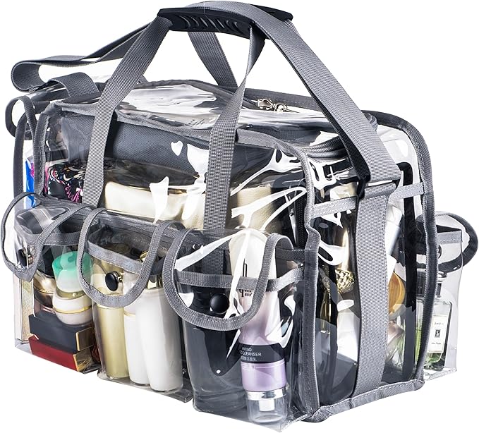 Wide Mouth Large Professional Clear PVC Travel Makeup Artist Set Bag Cosmetic Nails Beauty Bags Transparent Vinyl Tool Organizer Work Bag Beach Bags Diaper Bag with 6 External Pockets & Strap (Grey)