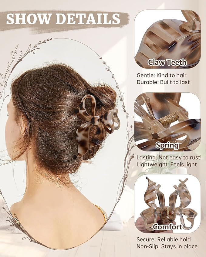 Mesovor 4 pack Cute Bow Claw Clip for Women, Nonslip Large Matte Strong Hold Bows Hair Clips for Thin and Thick Hair | Chic Hair Styling Accessories (Tortoise Polished)