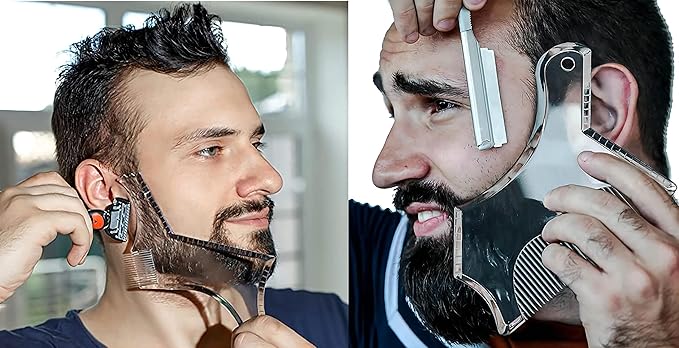 Men's Beard Shaping Tool With Inbuilt Comb Transparent Template Styling Comb Templates for Goatee Mustache Sideburns, Jaw Cheek/Neck Line, Symmetric/Curve/Step Cut (Clear-2pcs)