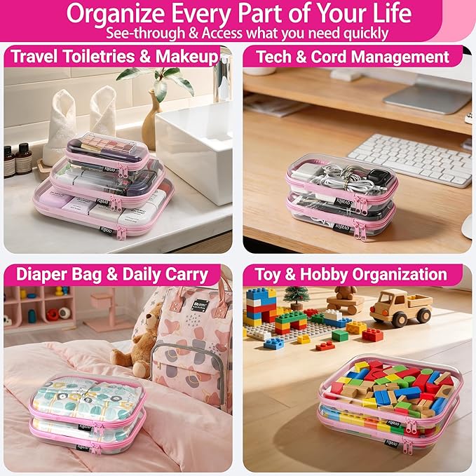YQBRA 3 Pack Clear Hard Shell Zipper Case, See-Through Hard Plastic Organizer Pouches with Zipper for Travel, Toiletries, Makeup, Electronics & Pencils - Crush-Resistant Storage (L Pink)