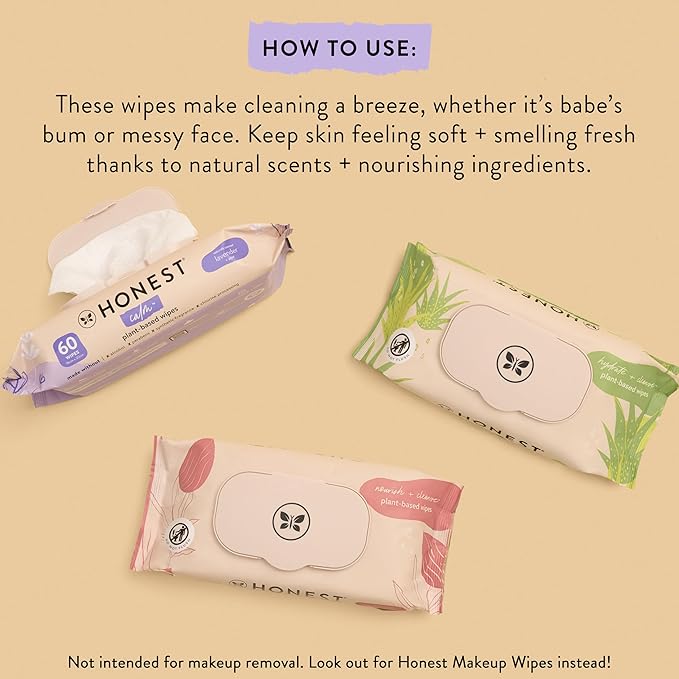 The Honest Company Calm and Cleanse Naturally Scented Wipes, Cleansing Multi-Tasking 99% Water Plant Based Hypoallergenic, Lavender, 60 Count