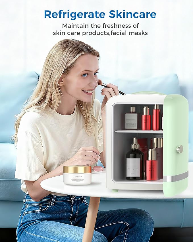 Mini Fridge for Bedroom, 4L/6 Cans Small Cosmetic Fridge for Skincare, Makeup, Medicine & Beverage, Portable Desk Fridge Cooler and Warmer for Kids, Car, Office, Dorm, Green