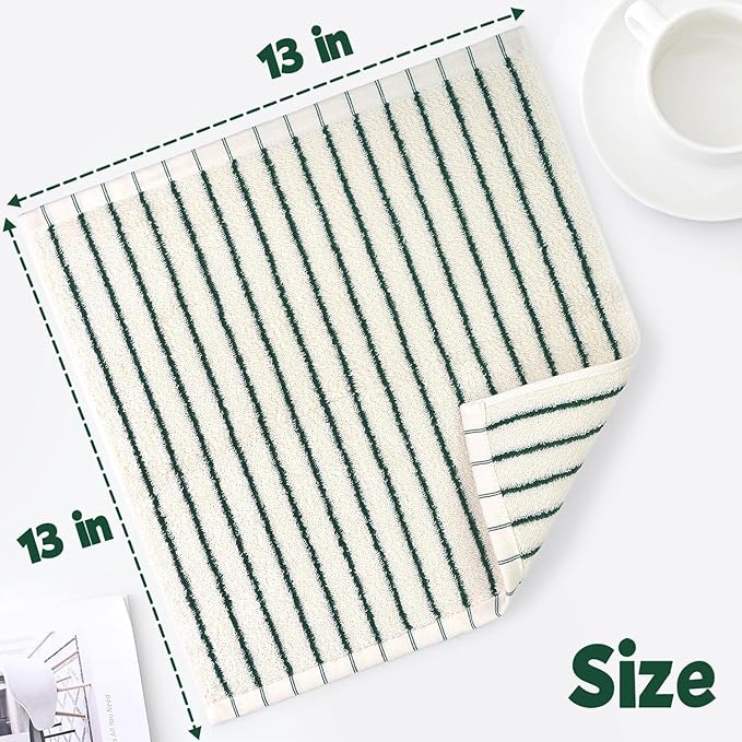 Jacquotha Striped Cotton Washcloths 12 Pack, 13” x 13” - Soft Wash Cloths for Bathroom, Kitchen, Gym, Face, Green and Cream