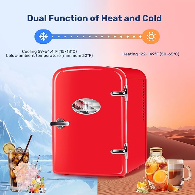 YSSOA Mini Fridge with Observation Window 4-Liter Six 12 oz Cans Portable Warmer & Cooler Compact Refrigerator, 100% Eco Friendly and Freon-Free, Red