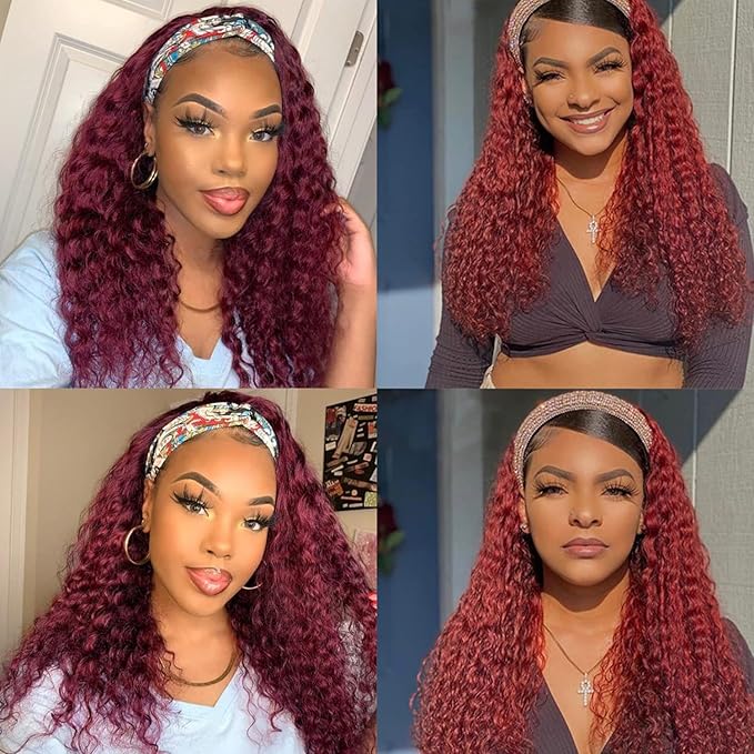 Aiterina Headband Wig deep wave human hair wigs for Black Women Brazilian Remy Hair Glueless Non Lace Front Wig 150% Density (22 inch, 99J)