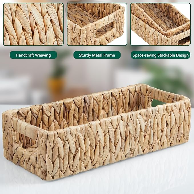 dreamkey Nesting Wicker Storage Baskets for Organizing with Handles - Small HandWoven Water Hyacinth Toilet Paper Basket for Back of Toilet Tank Top - Storage Baskets for Coutertop Organizer, 2 Pack