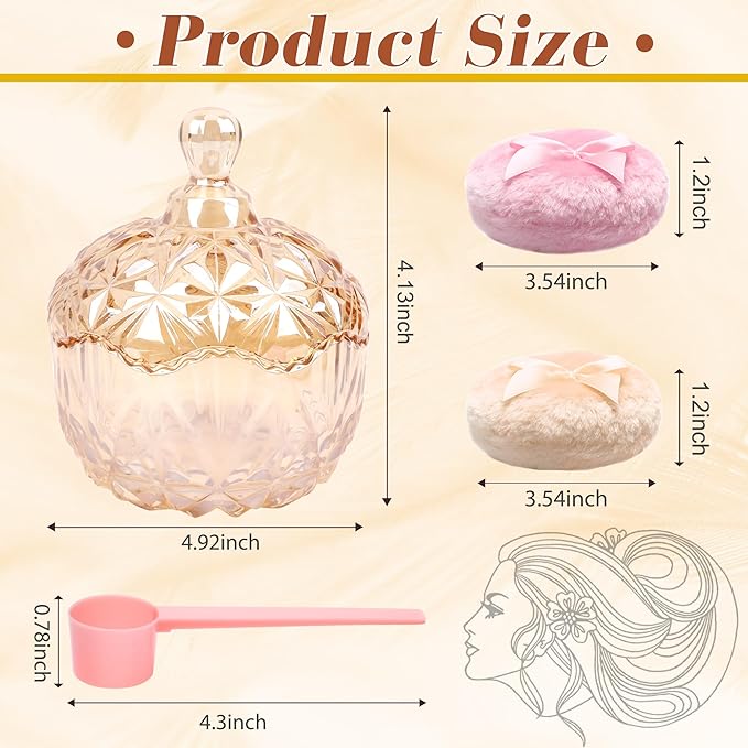Coolrunner 5PCS Body Powder Puff and Container, Crystal Clear Powder Container with Powder Spoon, Dusting Powder with Puff for Women, Washable Reusable (Amber)