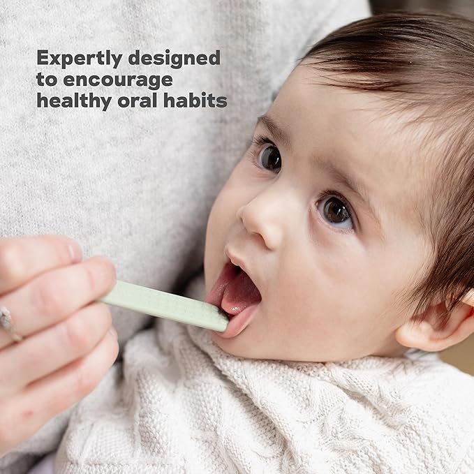 ezpz Baby-Led Toothbrush + Tongue Depressor Dual Pack (Sage) - 100% Silicone Toothbrush + Silicone/Stainless Steel Tongue Depressor - Helps Set-up Infants for a Healthy Oral Care Routine