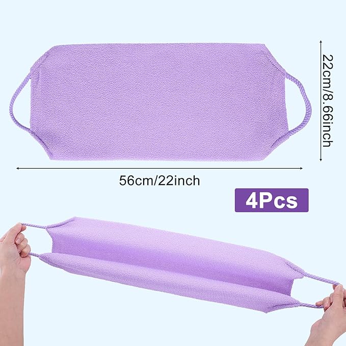4Pcs Exfoliating Back Scrub, 4 Colores Extended Length Body Scrubber Cloth Towel for Shower Nylon Stretchable Bath Pull Strap for Body Cleans Skin Massages