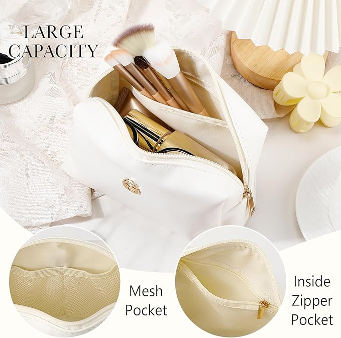 Kigeli Initial Makeup Bag for Women Beige Leather Easter Basket Gifts Monogram Cosmetic Bag Small Travel Toiletry Pouch Wedding Birthday Graduation Bridesmaid Gifts for Teen Girls Women Teachers(G)