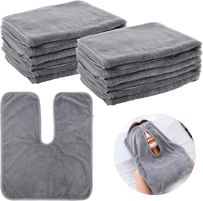 DIMEGON 12 PCS U-Shaped Facial Towels, Split Design, Soft Esthetician Towel, Coral Fleece Face Cloth for Beauty Salons, Skin Care, SPA Centers, Gray