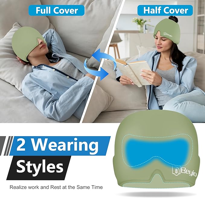 Migraine Relief Cap, All Around Gel Covered Reusable Headache Relief Cap, Black Migraine Cap for Headache Relief, Puffy Eyes (Green)