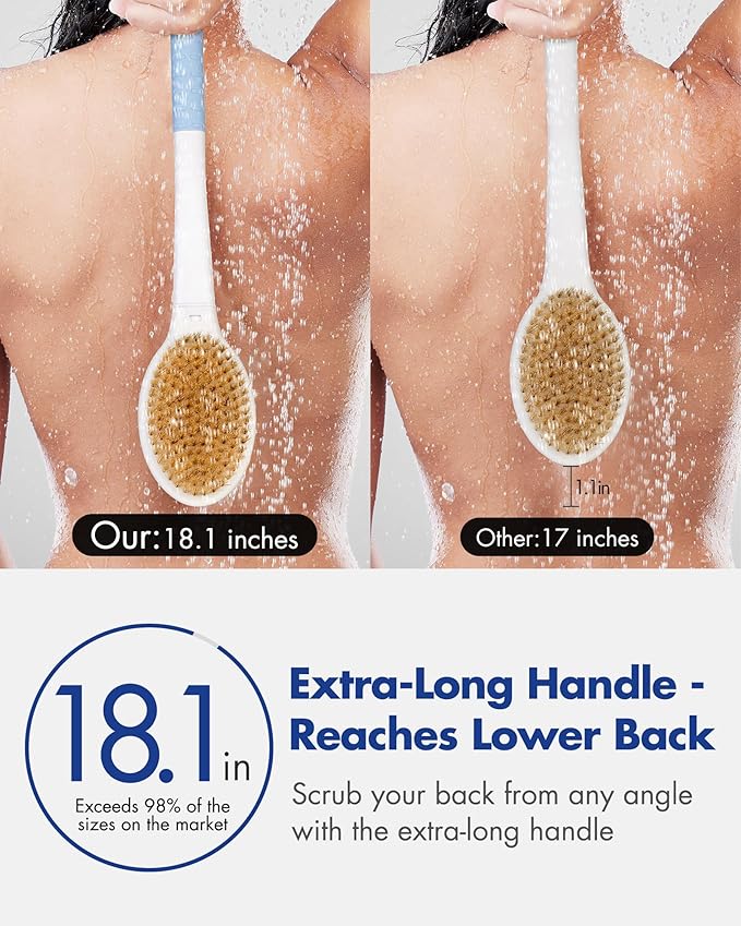 Back Scrubber Body Shower Brush: Anti Slip Long Handle Bath Brush with Stiff and Soft Bristles - Showering Exfoliator Wet or Dry Brushing for Women, Men, Elderly (Blue)