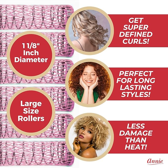 Annie Wire Mesh Rollers – Large 1 1/8 Inch Hair Curlers for Voluminous Curls & Waves, Heatless Styling Tools for All Hair Types – 12 Count (Pink)
