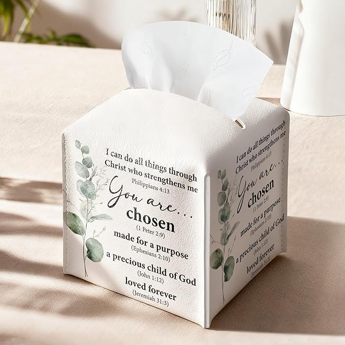 Inspirational Christian Tissue Box Cover Square, You are Chose Leather Tissue Box Holder, Religious Gifts for Women, Eucalyptus Paper Facial Tissue Box Covers Cube for Office Bathroom Home