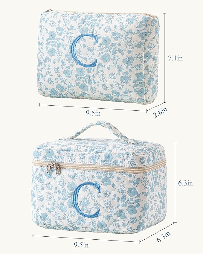 HBselect 2Pcs Initial Quilted Cotton Large Travel Cute Floral Coquette Makeup Cosmetic Toiletry Bag for Women Girls