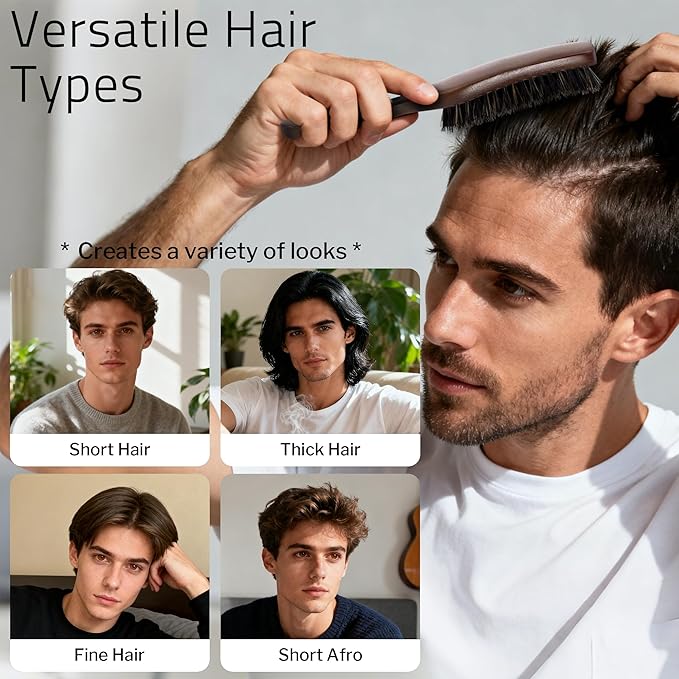 Hair Brush for Men, Mens Boar Bristle Slick Back Hair Brush with Natural Stiff Bristles & Wooden Walnut Handle for Thick & Fine Hair Smoothing, Detangling, Styling, Beard Straightens