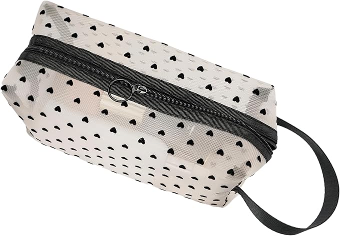 Portable Mesh Makeup Bag with Zipper Small Travel Toiletry Bag Lightweight Cosmetic Pouch (Beige&Black Heart with Handle)