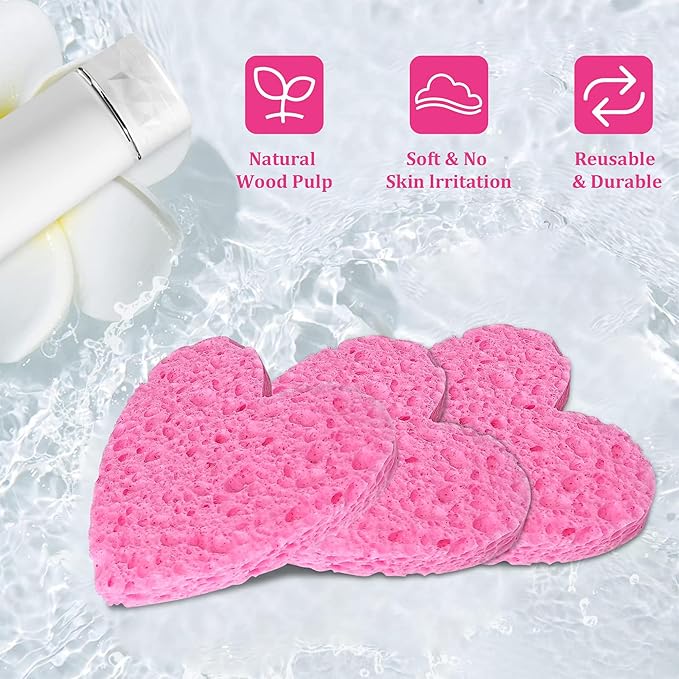 Women 120-Count Compressed Cellulose Heart Shape Face Facial Sponges 100% Natural Cosmetic Sponges for Facial Cleansing Exfoliating Mask Skin Massage (（Pink） 120 Count)