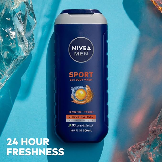 NIVEA Men Sport Body Wash with Revitalizing Minerals, Tangerine and Pepper Scent, 3-in-1 Men's Body Wash, Face and Hair, Paraben Free, Vegan Formula, 16.9 Fl Oz Bottle
