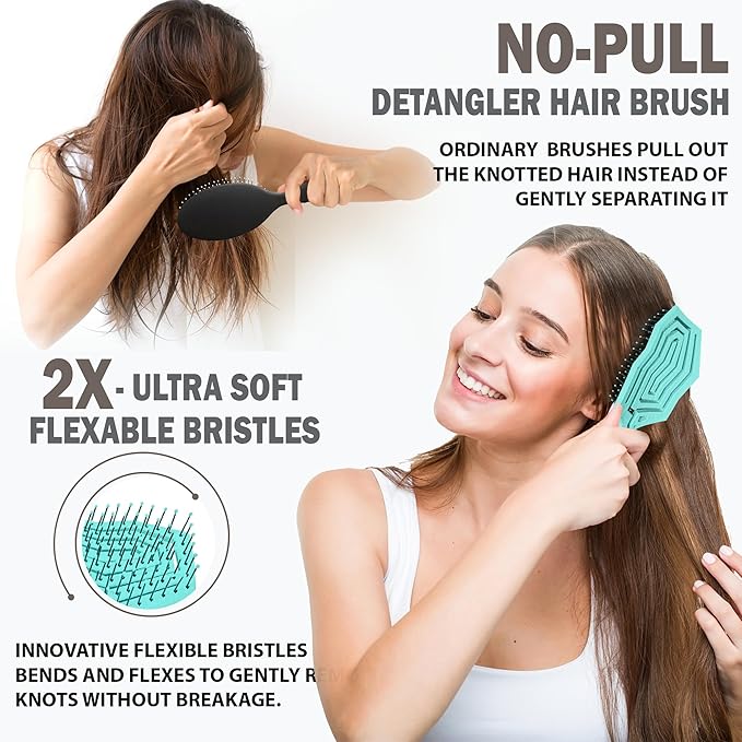 Fiora Naturals Hair Detangling Brush for Women - Detangler Hair Brush w/Flexible Soft Bristles- Gently Glides Through Tangles - Curly, Fine, Dry and Shower Wet HairBrush, cepillo para cabello - Cyan