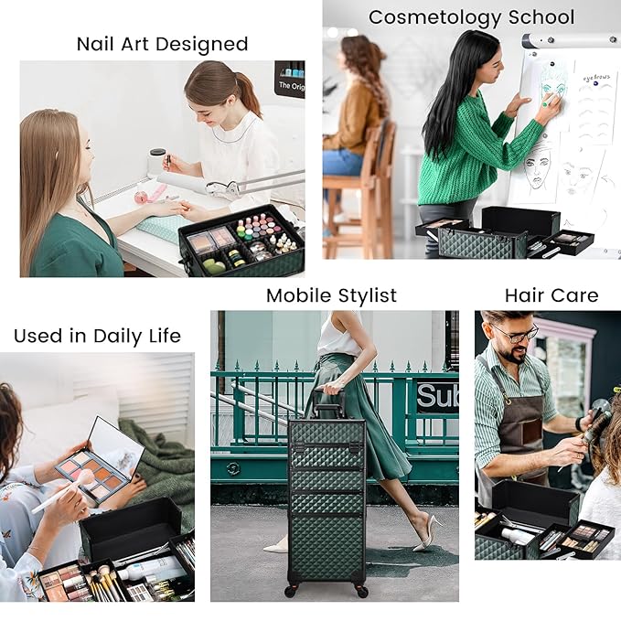 Stagiant Rolling Makeup Train Case Cosmetology Case on Wheels 4 in 1 Cosmetic Box Makeup Travel Case with Key Swivel Wheels Nail Artist Salon Barber StorageTraveling Cart Trunk Dark Green